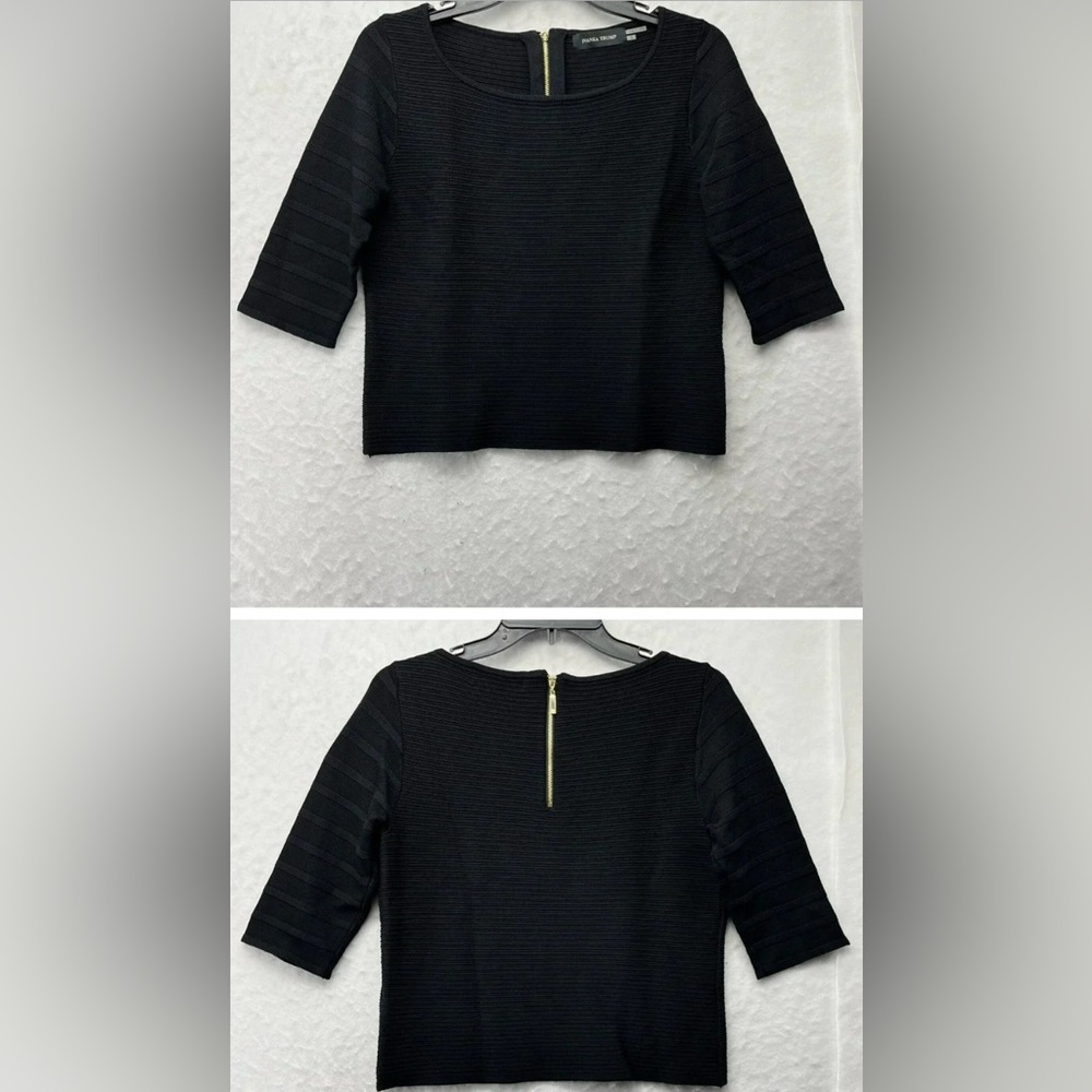 Ivanka Trump 3/4 sleeve tight black sweater ribbed knit top - back zipper